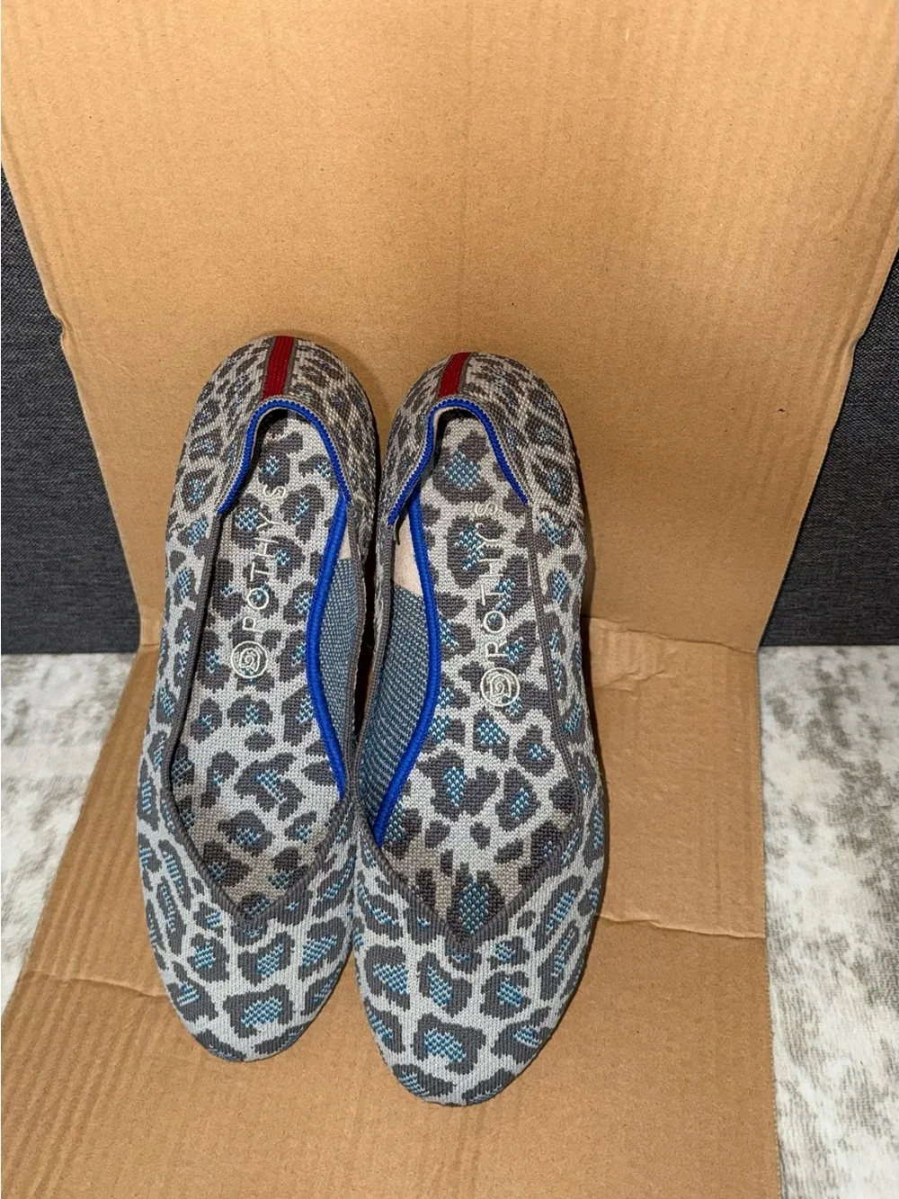 Rothy's Gray and Blue Leopard Print Slip-On Flats